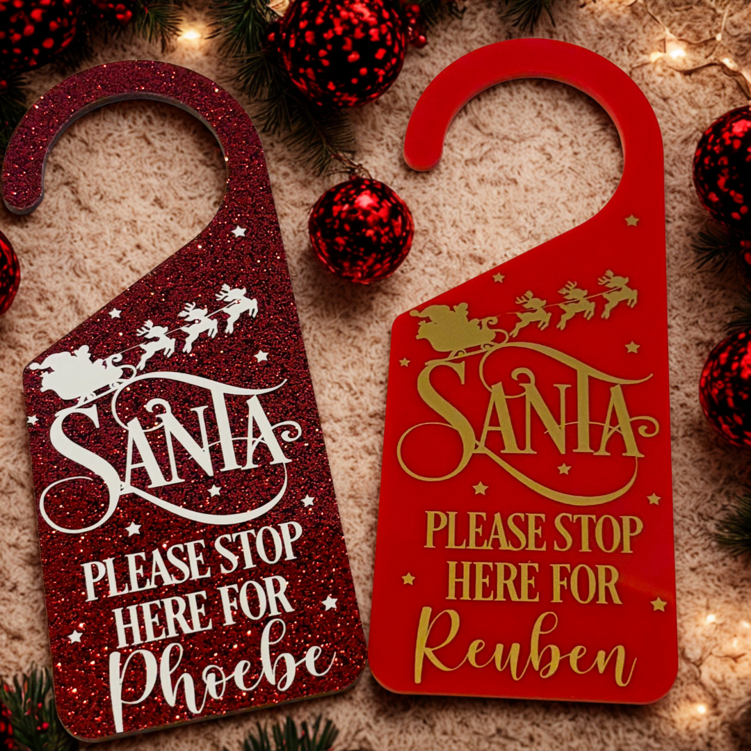 Personalised Santa Stop Here Door Hanger, Christmas Eve Sign, Christmas Decor