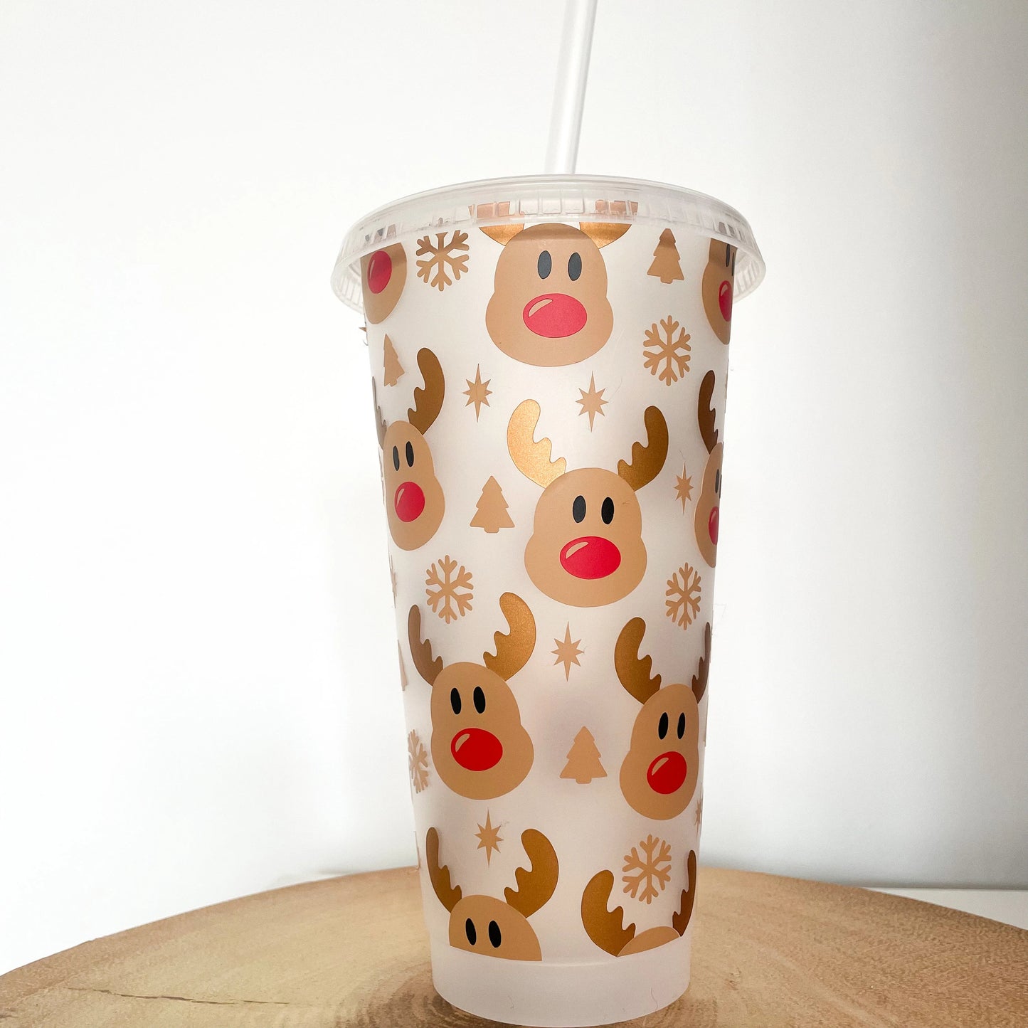24oz Reusable Christmas Reindeer Cold Coffee Cup, Tumbler with lid and straw, Christmas Coffee Mug, Reindeer Reusable Travel Coffee Cup
