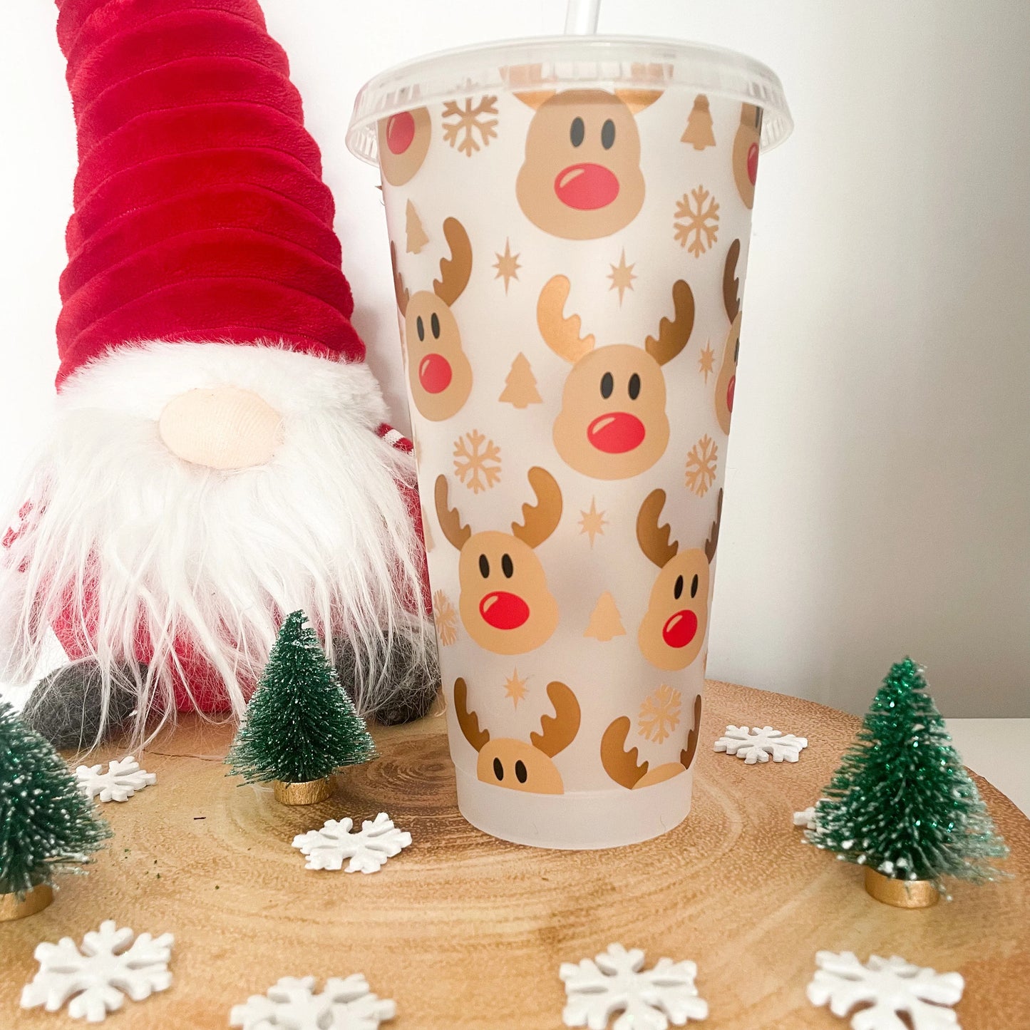 24oz Reusable Christmas Reindeer Cold Coffee Cup, Tumbler with lid and straw, Christmas Coffee Mug, Reindeer Reusable Travel Coffee Cup