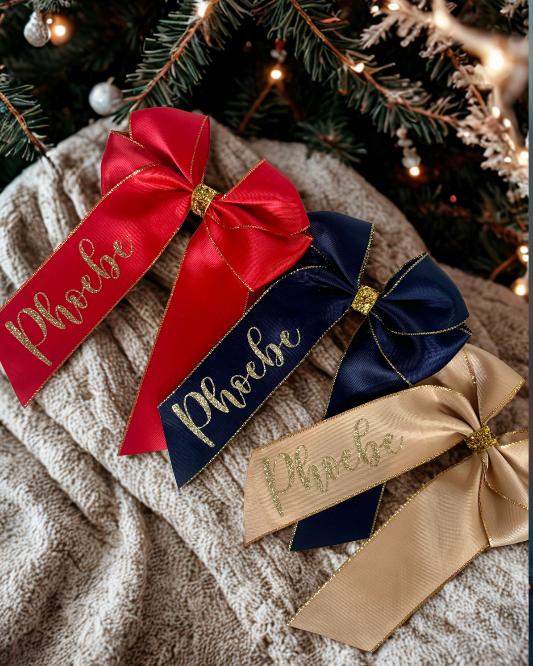 Personalised Christmas satin hair bow with glitter trim