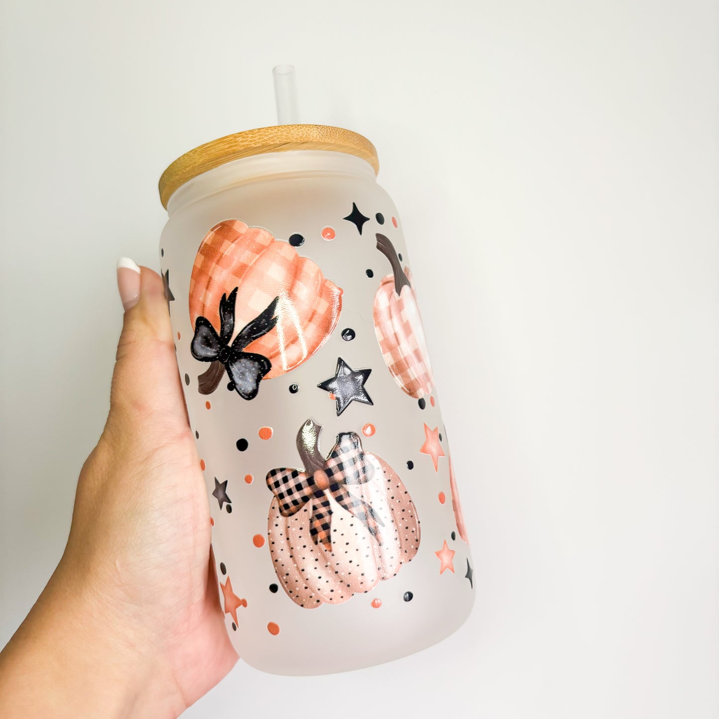 Cute autumn pumpkins reusable glass can with bamboo lid and straw