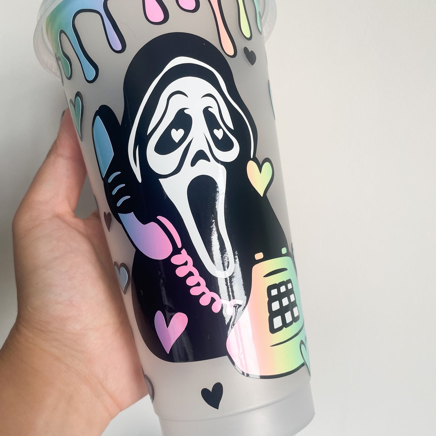 24oz Reusable Cold Coffee Cup with scream ghost face, horror cold cup, reusable travel mug, tumbler with lid and straw