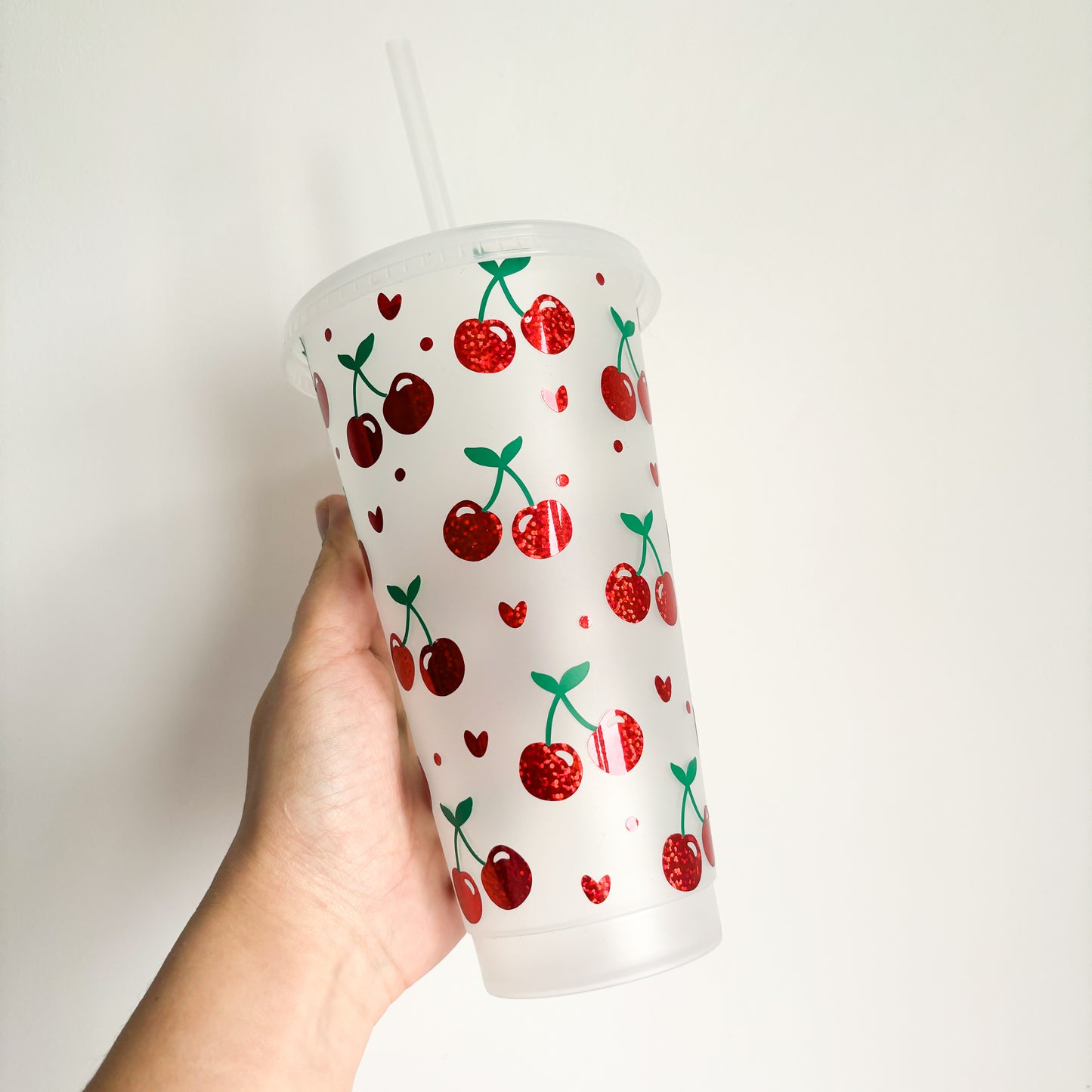 24oz Reusable cold coffee cup with cherries, cherry design cup, iced coffee cup, spring coffee mug, tumbler with lid and straw