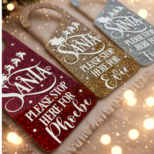 Personalised Santa Stop Here Door Hanger, Christmas Eve Sign, Christmas Decor