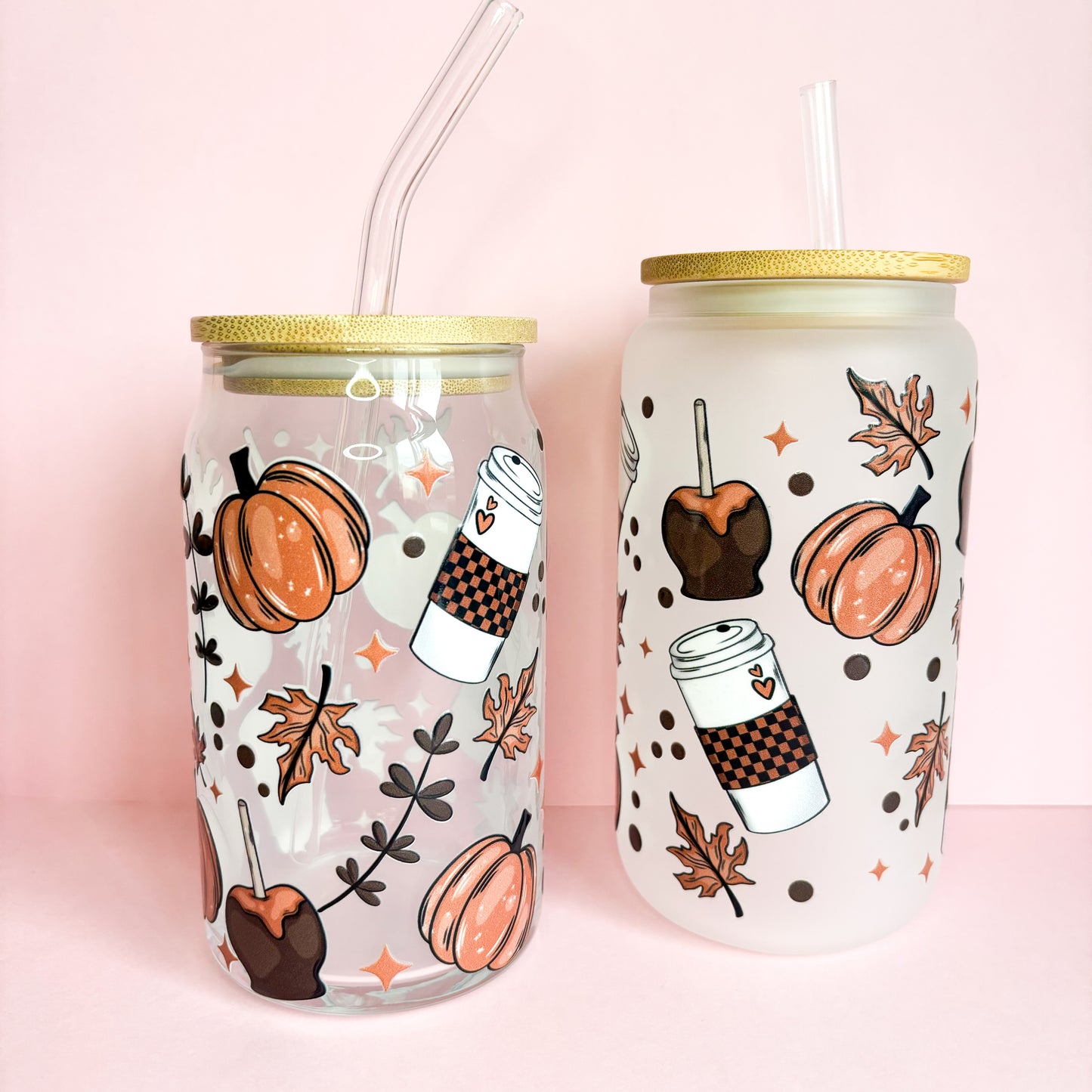 16oz reusable cute autumn iced coffee glass can tumbler with bamboo lid and straw