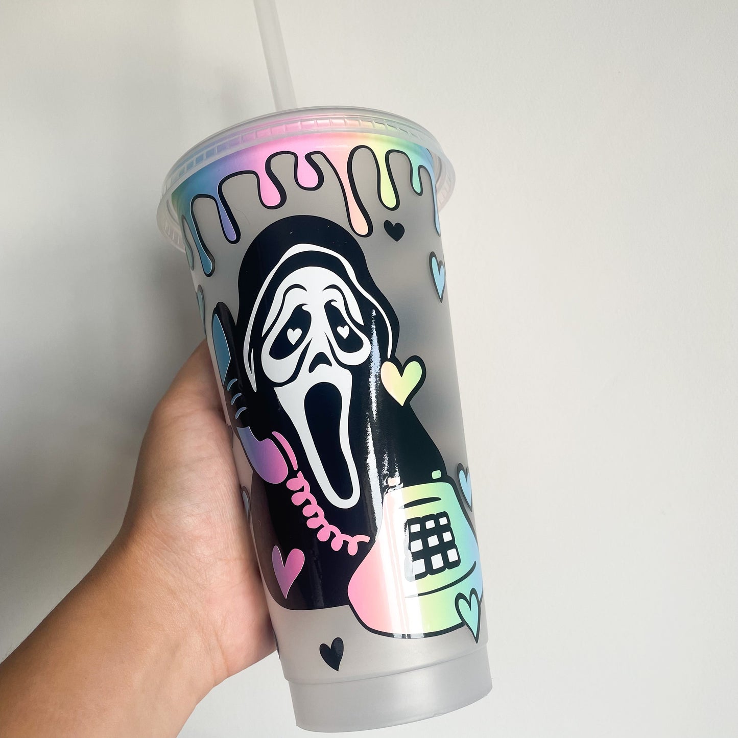 24oz Reusable Cold Coffee Cup with scream ghost face, horror cold cup, reusable travel mug, tumbler with lid and straw