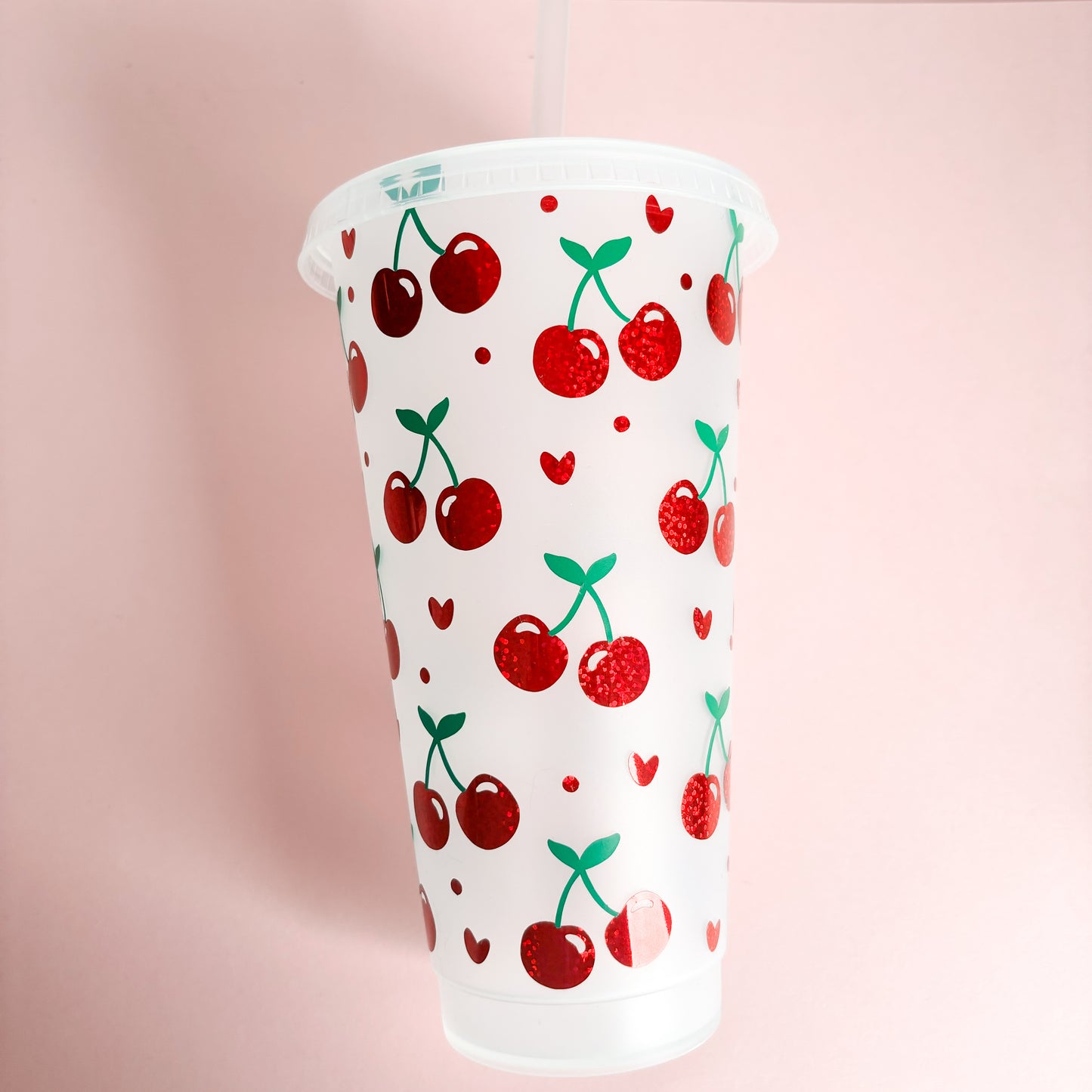 24oz Reusable cold coffee cup with cherries, cherry design cup, iced coffee cup, spring coffee mug, tumbler with lid and straw