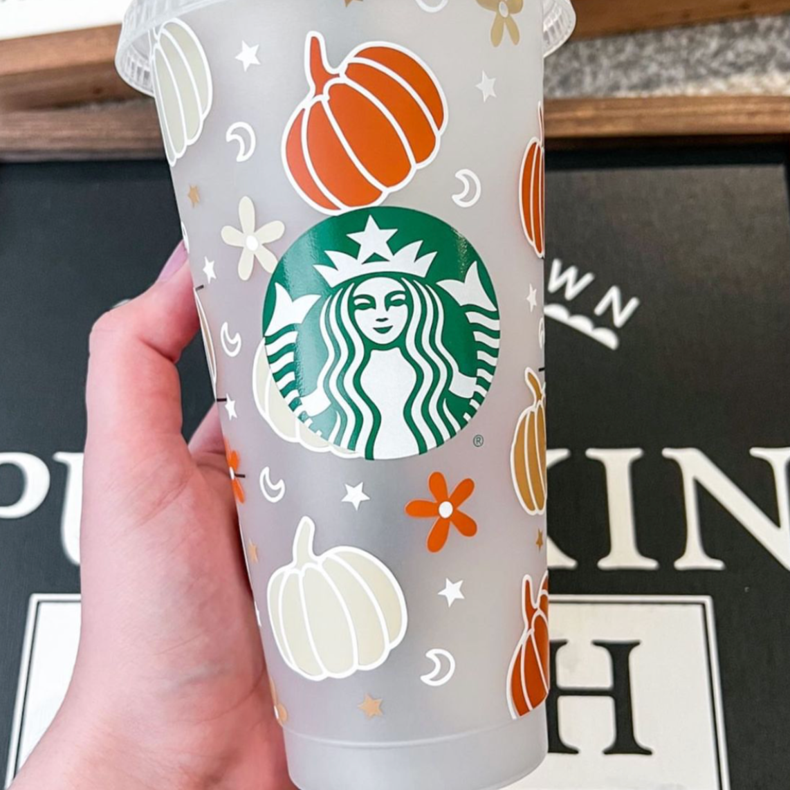 Autumn and pumpkins Starbucks cold cup UK, Iced coffee cup, reusable cup, cup with lid and straw, halloween cold cup, Starbucks coffee cup