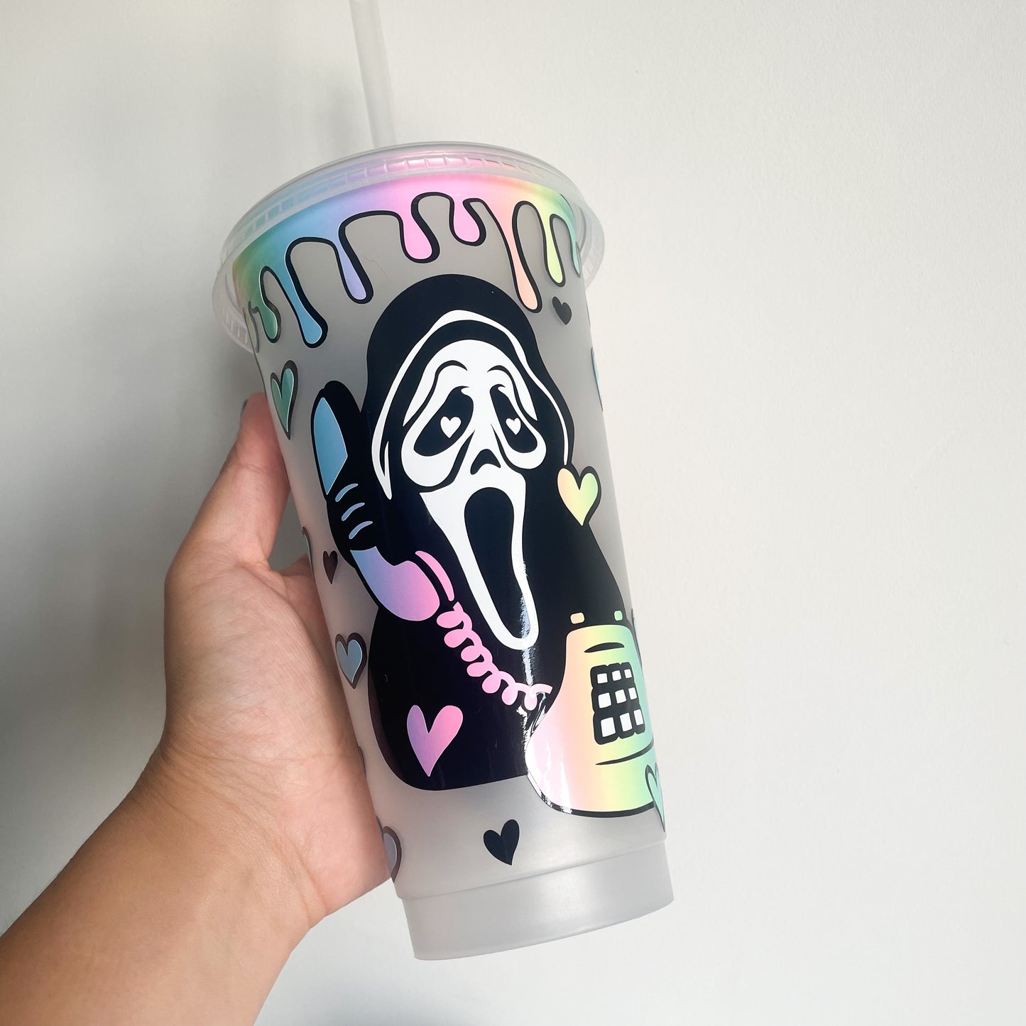 24oz Reusable Cold Coffee Cup with scream ghost face, horror cold cup, reusable travel mug, tumbler with lid and straw