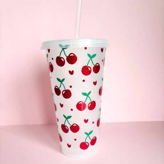 24oz Reusable cold coffee cup with cherries, cherry design cup, iced coffee cup, spring coffee mug, tumbler with lid and straw