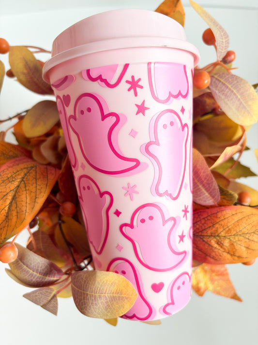 Reusable autumn and halloween pink ghosts hot cup