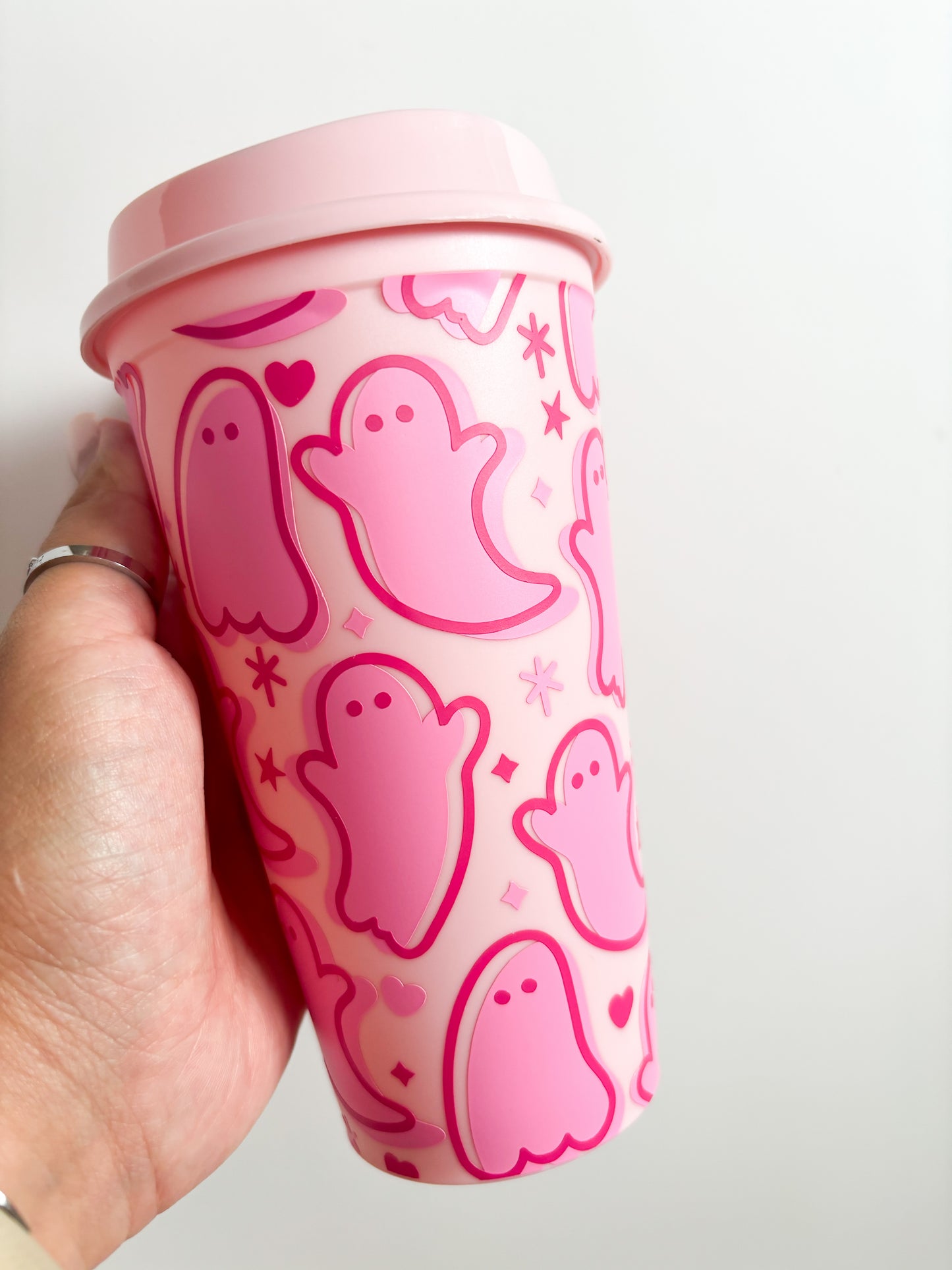 Reusable autumn and halloween pink ghosts hot cup