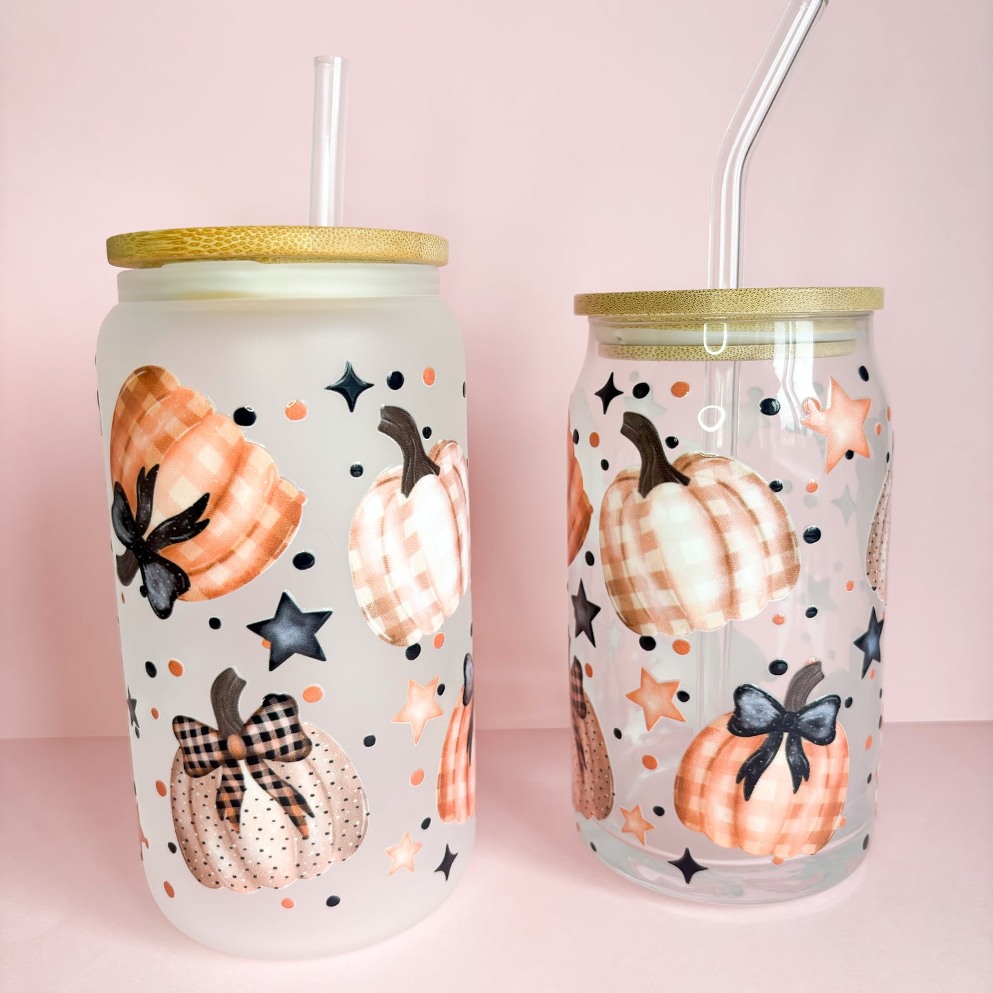 Cute autumn pumpkins reusable glass can with bamboo lid and straw