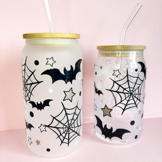 16oz Reusable autumn and halloween spooky glass can with bamboo lid and straw