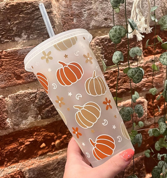 24oz Reusable Cold Coffee Cup with pumpkins and autumn design