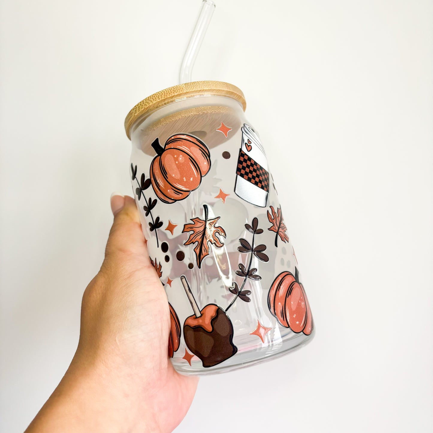 16oz reusable cute autumn iced coffee glass can tumbler with bamboo lid and straw