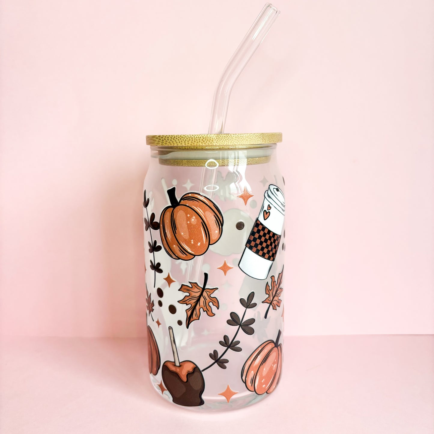 16oz reusable cute autumn iced coffee glass can tumbler with bamboo lid and straw