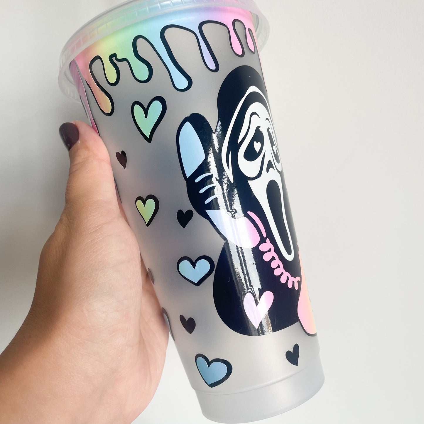 24oz Reusable Cold Coffee Cup with scream ghost face, horror cold cup, reusable travel mug, tumbler with lid and straw