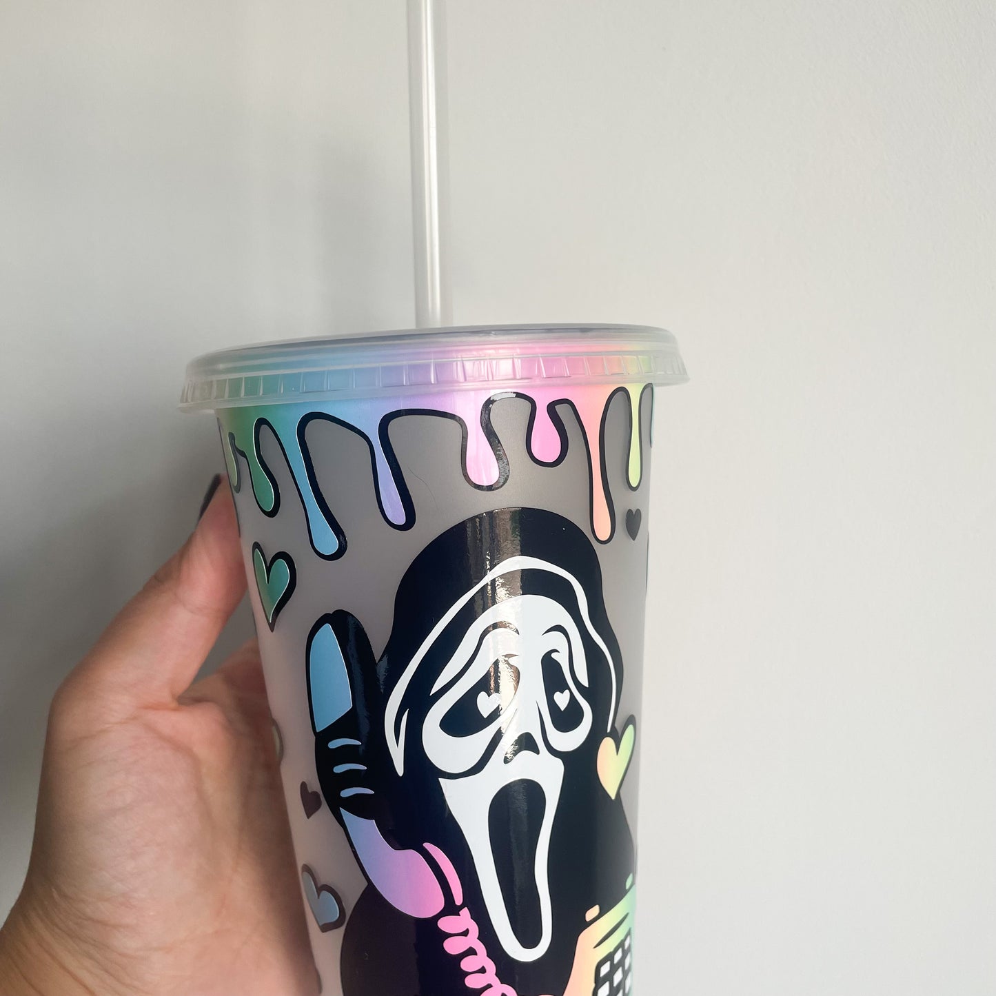 24oz Reusable Cold Coffee Cup with scream ghost face, horror cold cup, reusable travel mug, tumbler with lid and straw