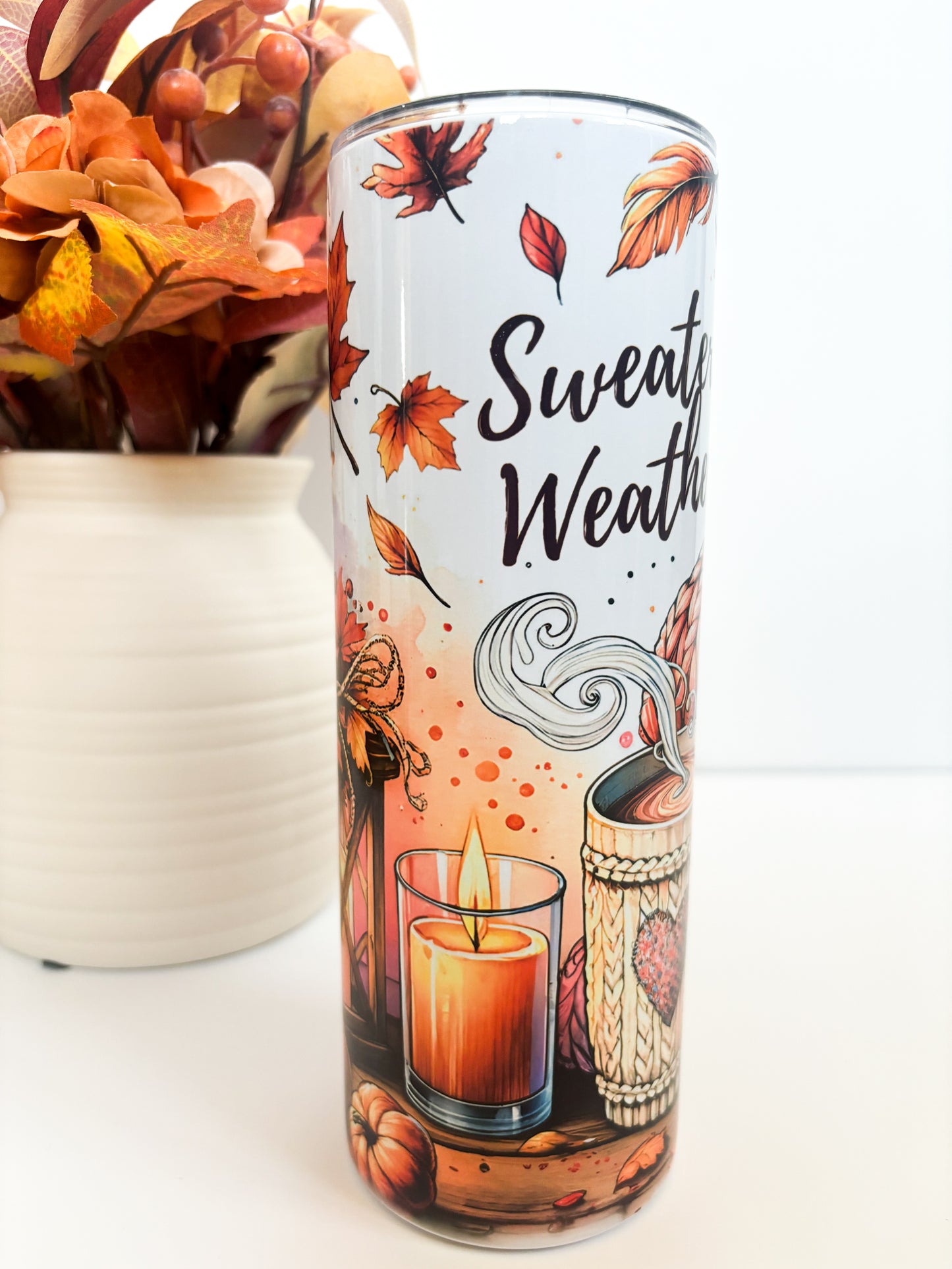 Cute autumn metal tumbler with lid and straw