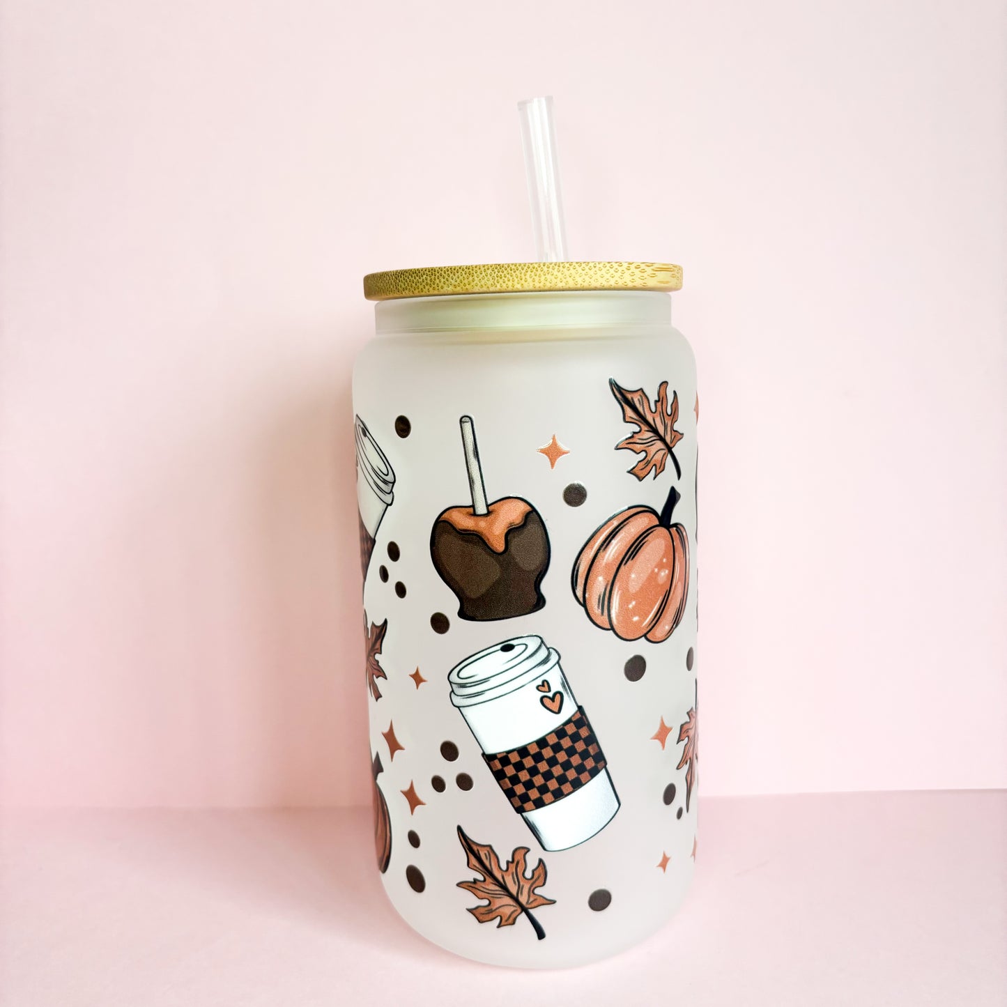 16oz reusable cute autumn iced coffee glass can tumbler with bamboo lid and straw