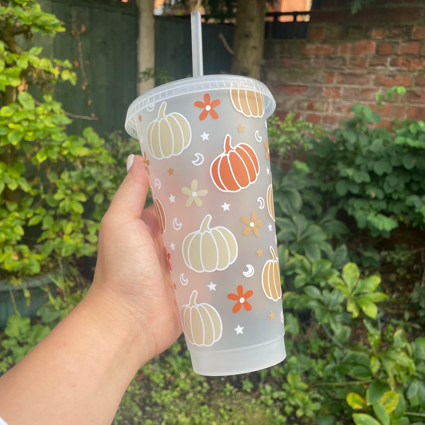 24oz Reusable Cold Coffee Cup with pumpkins and autumn design