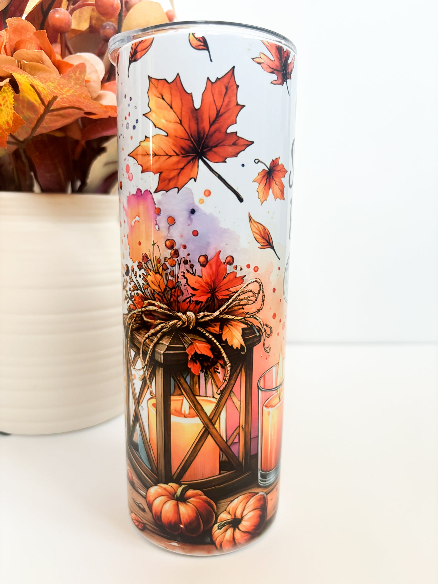 Cute autumn metal tumbler with lid and straw