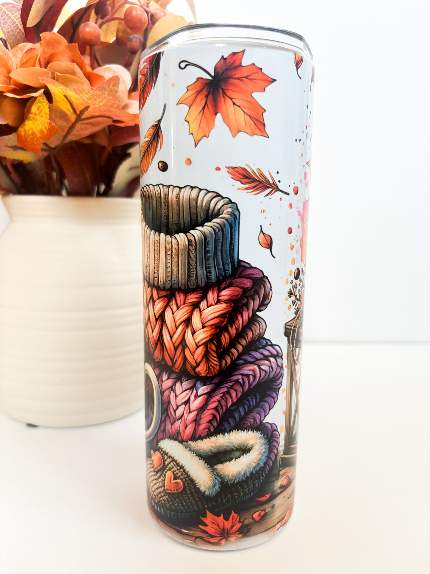 Cute autumn metal tumbler with lid and straw