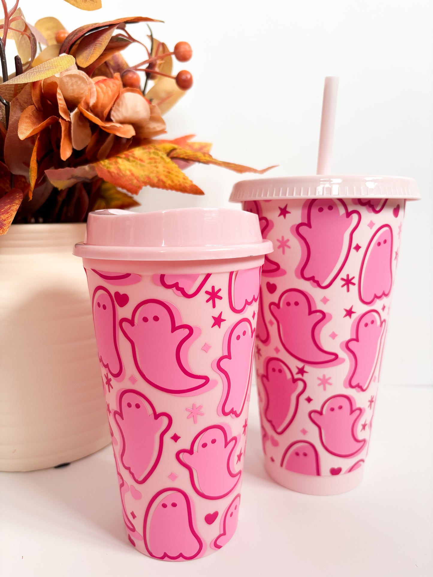 Reusable autumn and halloween pink ghosts hot cup