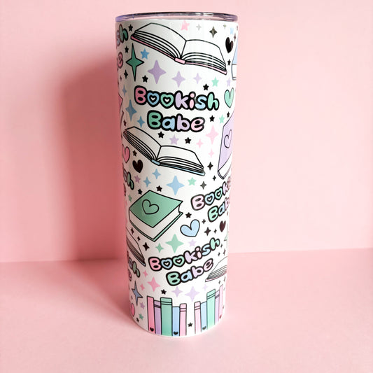 Bookish themed stainless steel tumbler, metal travel mug for book lover