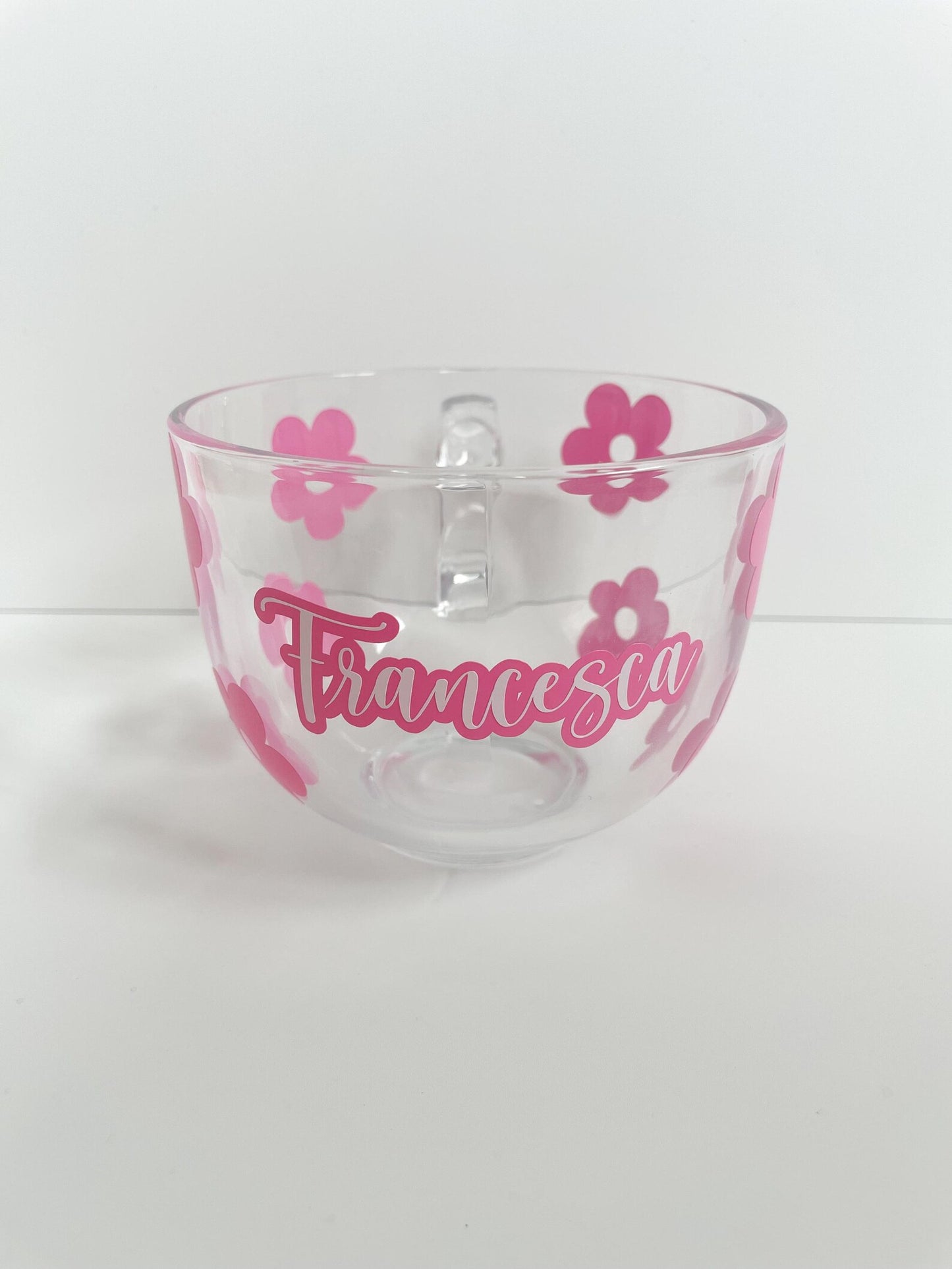 Glass coffee mug with pink flowers, Cappuccino mug, Personalised coffee cup
