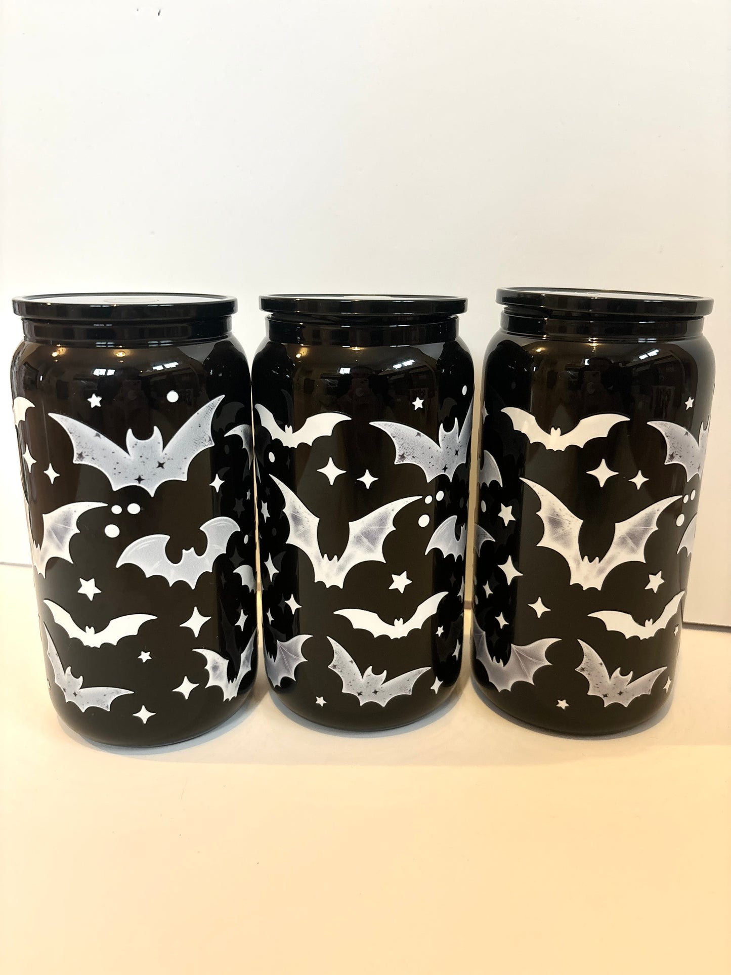 Halloween black glass can, reusable iced coffee cup with bats