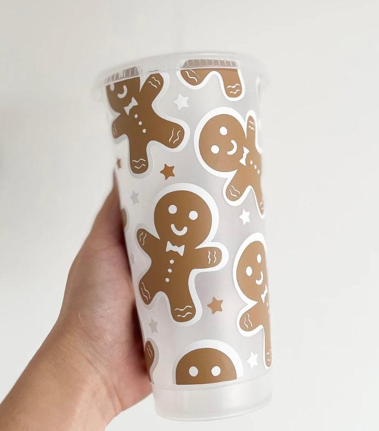 Reusable gingerbread man cup, Christmas tumbler with lid and straw