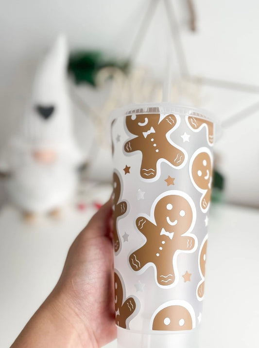 Reusable gingerbread man cup, Christmas tumbler with lid and straw
