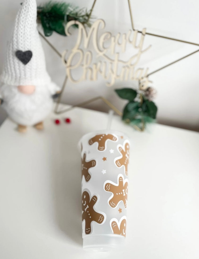Reusable gingerbread man cup, Christmas tumbler with lid and straw