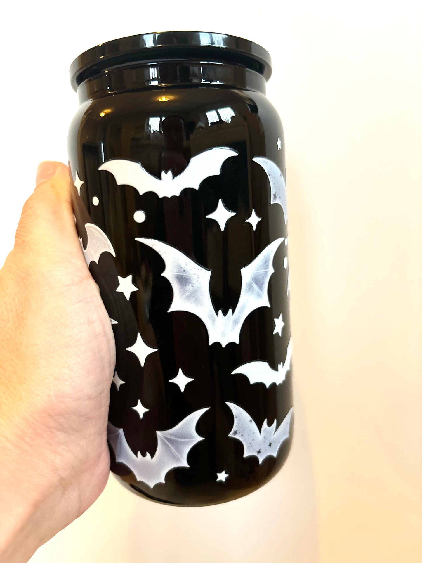 Halloween black glass can, reusable iced coffee cup with bats