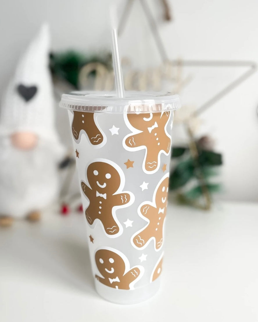 Reusable gingerbread man cup, Christmas tumbler with lid and straw