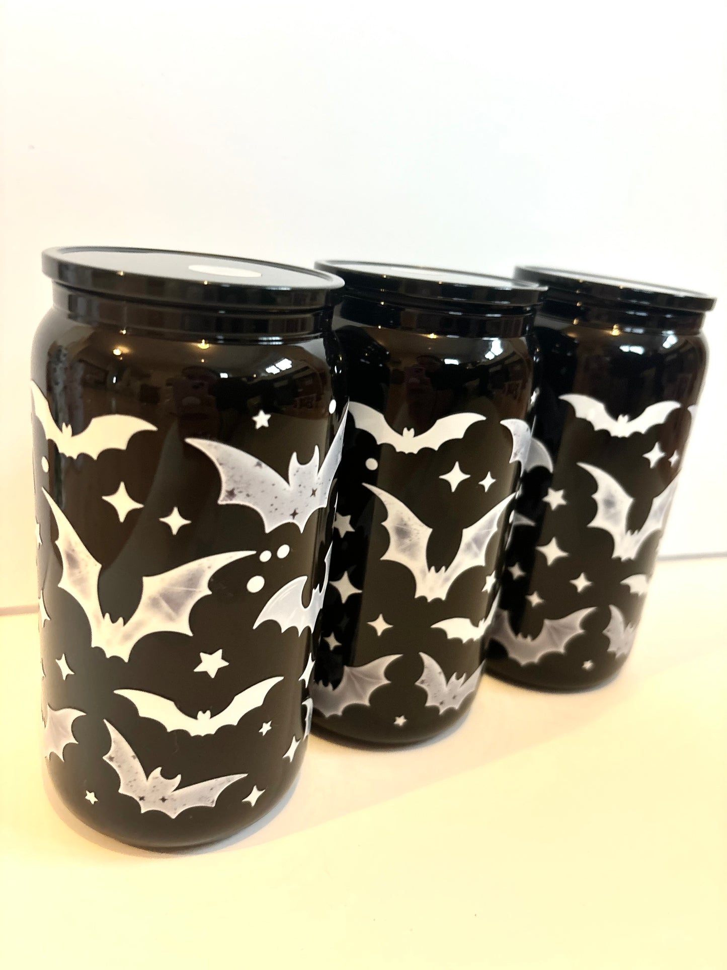 Halloween black glass can, reusable iced coffee cup with bats