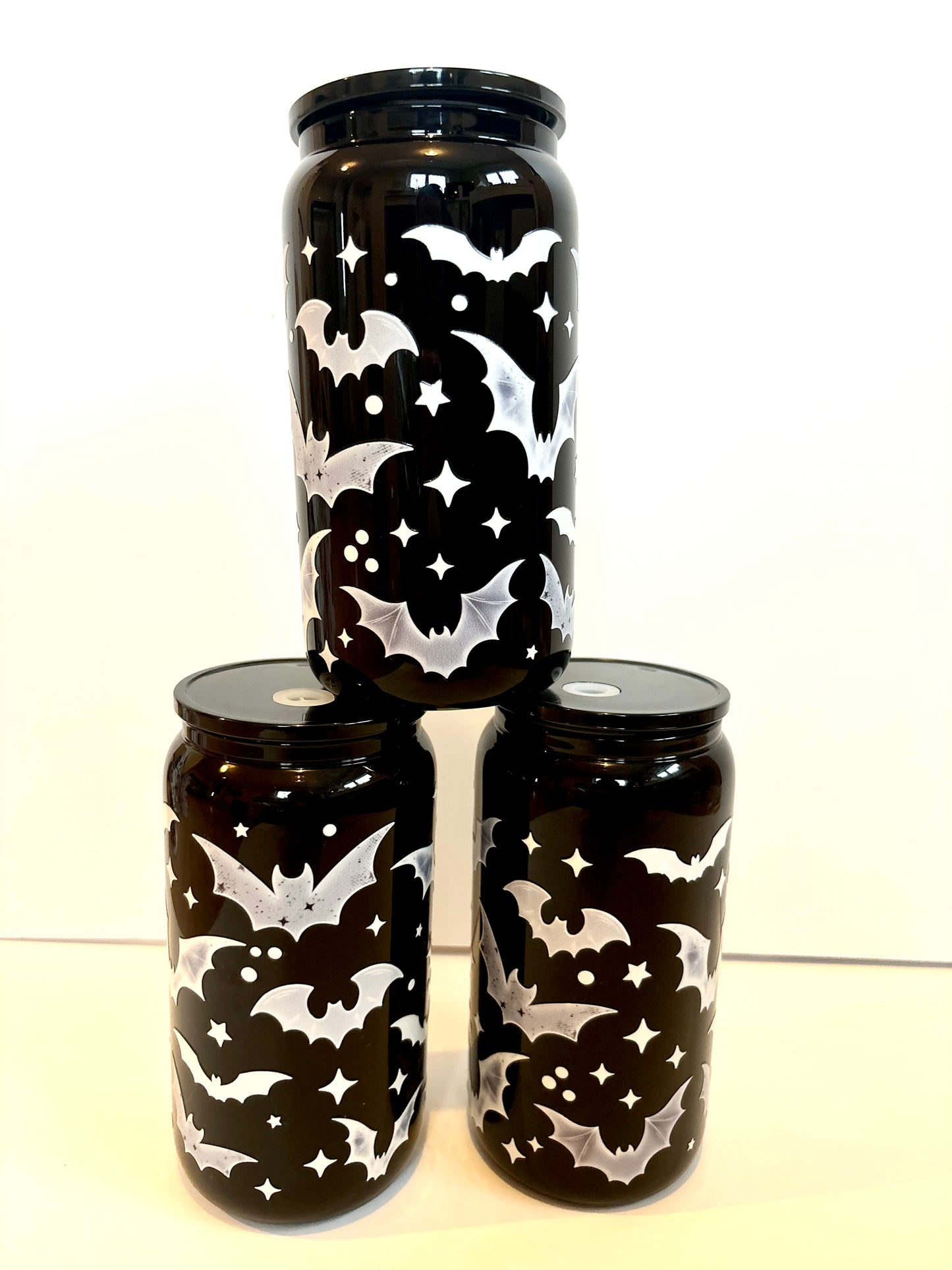 Halloween black glass can, reusable iced coffee cup with bats