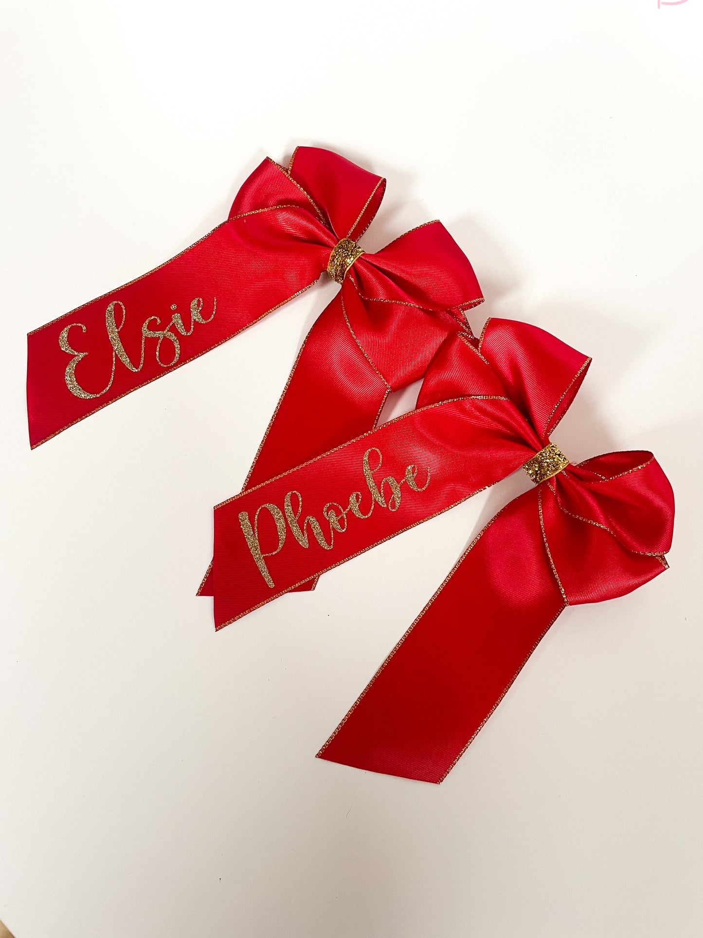 Personalised Christmas satin hair bow with glitter trim