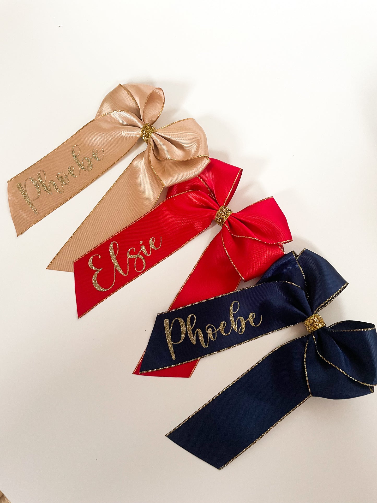 Personalised Christmas satin hair bow with glitter trim