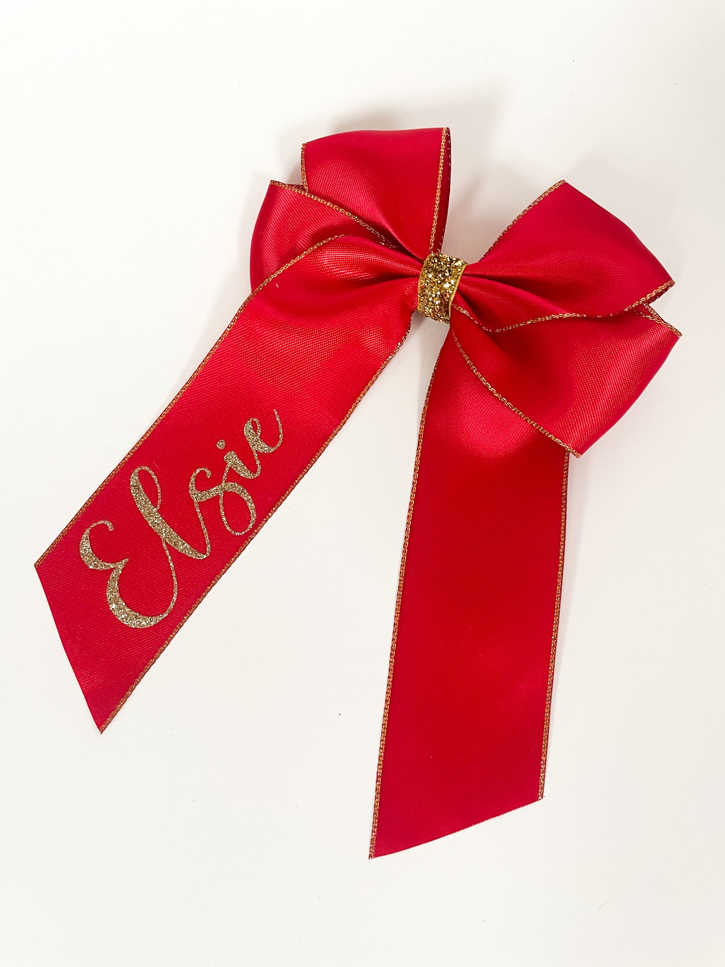Personalised Christmas satin hair bow with glitter trim