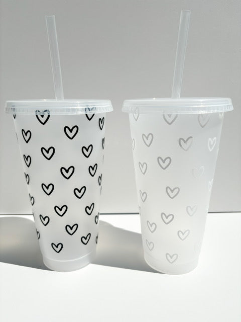 Reusable cold coffee cup, tumbler with lid and straw, travel mug, cup with hearts