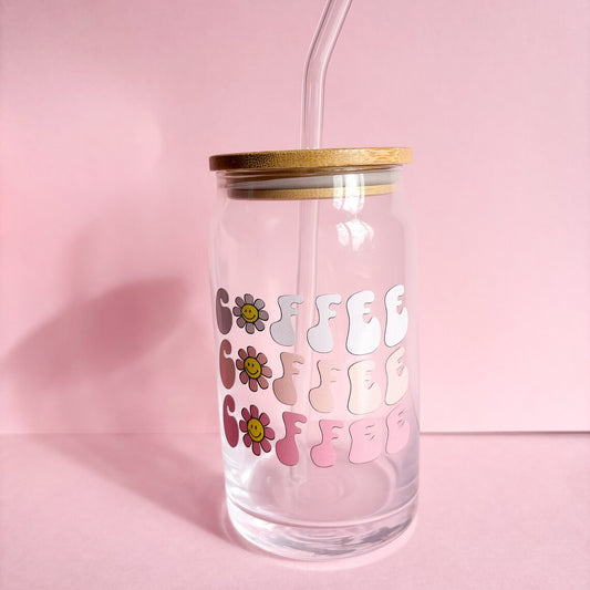 16oz pink libby glass can with coffee quote, reusable iced coffee mug, tumbler with lid and straw, personalised gift for her