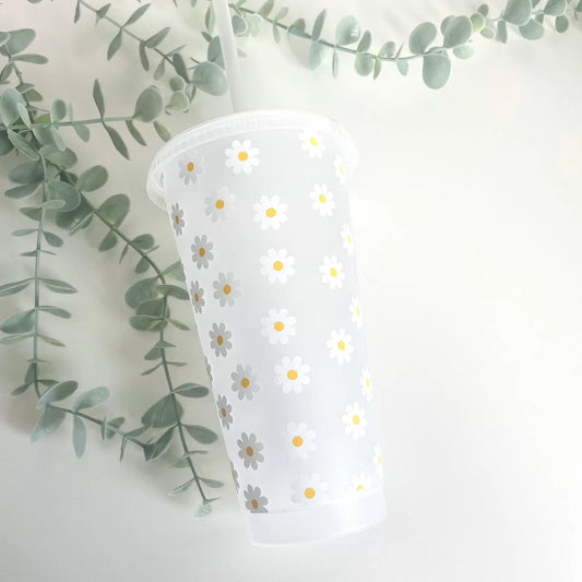 Reusable Cold Coffee Cup with Daisies, Flowers Cold Coffee Cup, Iced Coffee Cup, Coffee Lover Gift, Gift Idea for Her, Daisy travel Cold Cup
