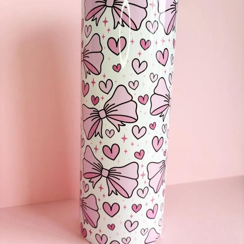 20oz stainless steel metal tumbler with cute pink bows and hearts