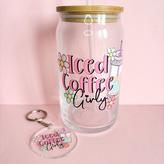 Iced Coffee Girly 16oz Libby Glass can, Reusable cold coffee travel mug with bamboo lid and glass straw