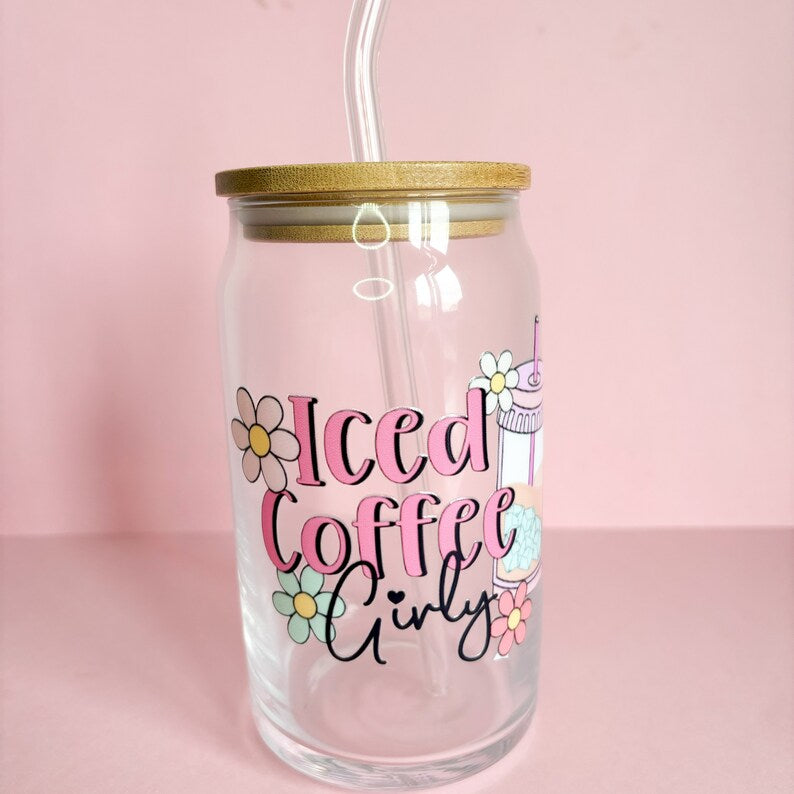 Iced Coffee Girly 16oz Libby Glass can, Reusable cold coffee travel mug with bamboo lid and glass straw