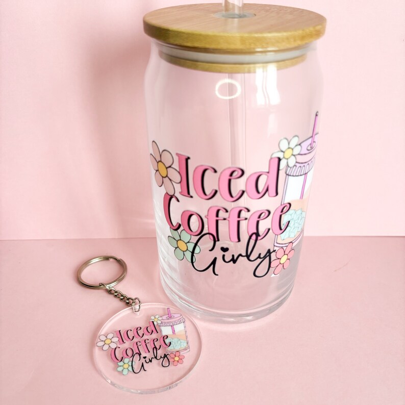 Iced Coffee Girly 16oz Libby Glass can, Reusable cold coffee travel mug with bamboo lid and glass straw