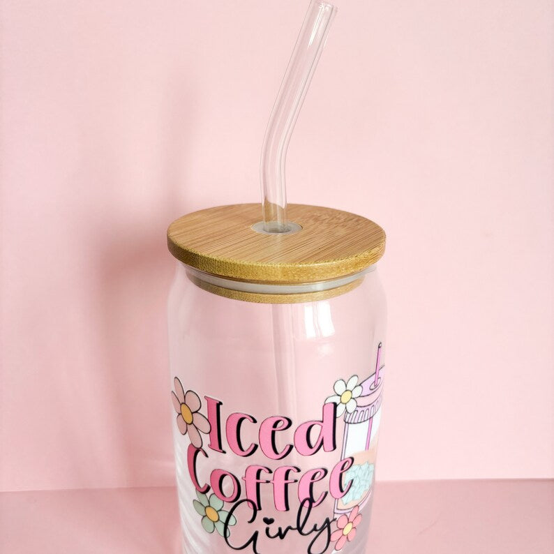 Iced Coffee Girly 16oz Libby Glass can, Reusable cold coffee travel mug with bamboo lid and glass straw